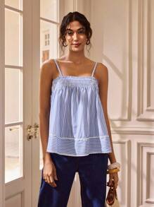 Shutterstock Glamance Women's Spaghetti Strap Striped Ruffle Hem Camisole Top Off The Shoulder Casual - Blue - View 5