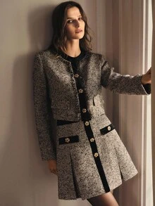 MOTF PREMIUM TWEED HERRINGBONE PRINT CONTRAST TRIM FOLD PLEATED SKIRT FOR AUTUMN & WINTER