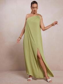 L'Amorae Elegant Solid Color Sleeveless High Slit Dress, Summer