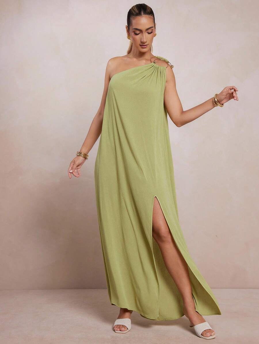 L'Amorae Elegant Solid Color Sleeveless High Slit Dress, Summer
