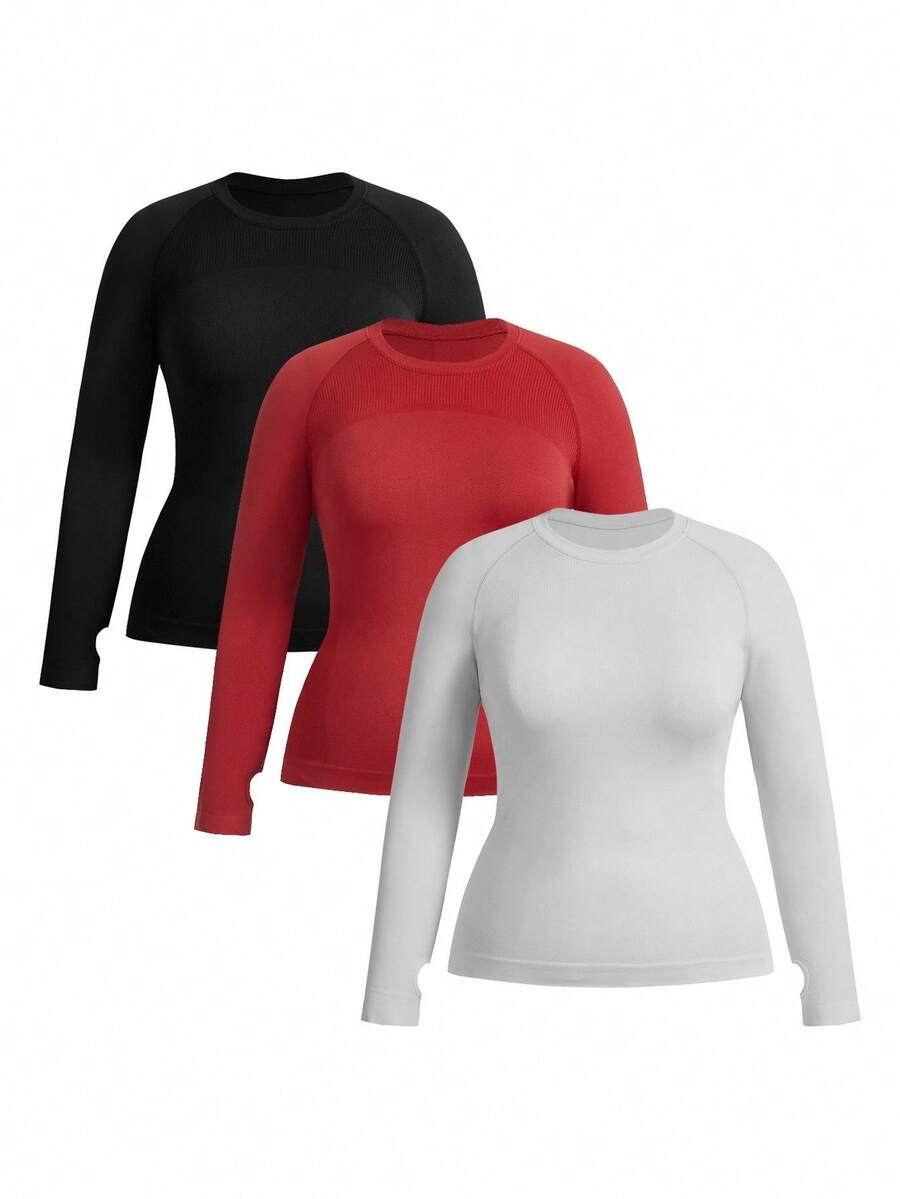 Easithlete 3pcs/Set Plus Size Women Seamless Long Sleeve Sports Tops Long Sleeve Workout Tops Long Sleeve Active Wear - Multicolor - View 1