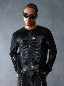 ROMWE MEN Anime Moletom de Manga Longa com Gola Careca e Esqueleto Cravejado de Strass, Halloween - Preto - Visão 4