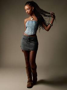 MISSGUIDED Studded Denim Mini Skirt High Waist Punk Rock Style Festival Fashion Metal Rivets Embellished Street Wear Party Club Night Out Casual Wear Retro Look Skirt - Grey - View 3