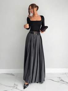 Siren Gaze Herbst Frauenkleidung Winter Grauer Plisseerock, 2025 Neuer Hoher Taillierter A-Linien Rock mit Doppelgürtel & Seitentaschen, Langer Rock im Old Money Stil für Frauen, Elegant für formelle Anlässe, Büro und Alltag, Geeignet für Pendeln/Geschäft/Ausgehen/Lehrerin/Täglich, Herbst Winter Muss-haben Rock