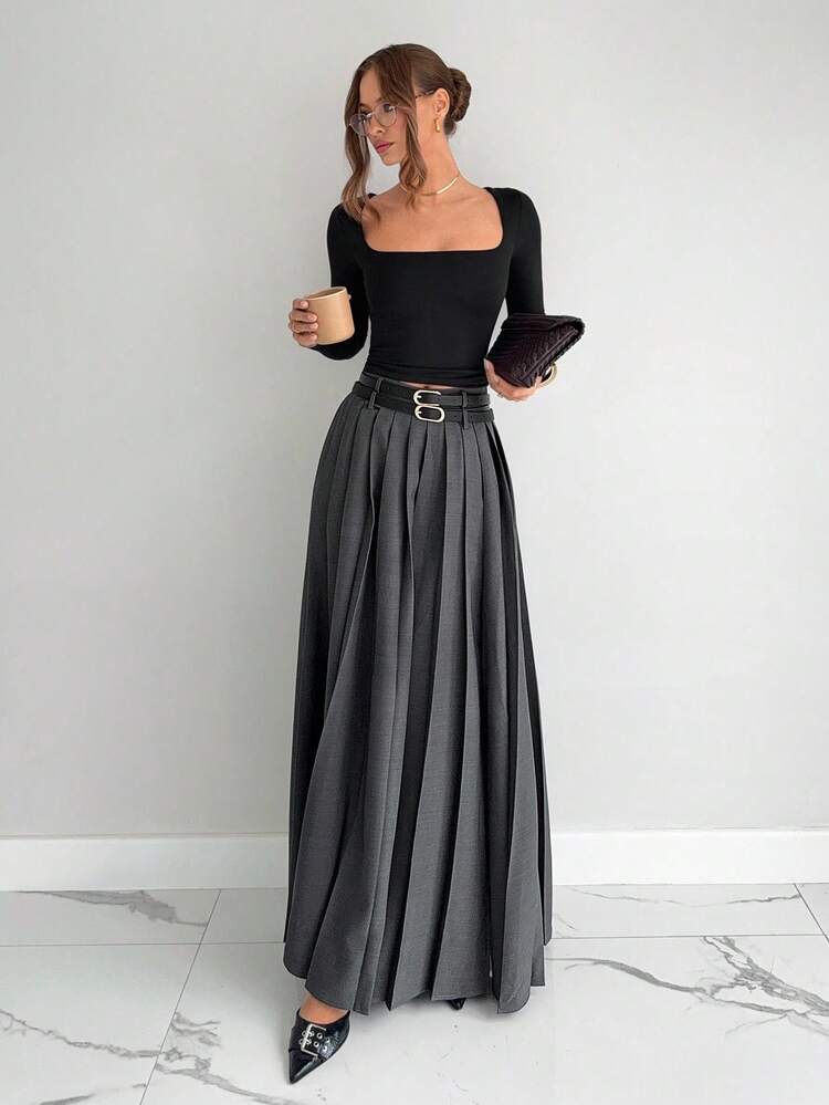 Falda plisada gris de invierno para mujer, nueva falda larga de cintura alta con doble cinturón y bolsillos laterales con abertura, estilo "Old Money", elegante y formal para trabajo, casual, salidas, maestra, diario, imprescindible en otoño e invierno - Gris Oscuro - Añade 3