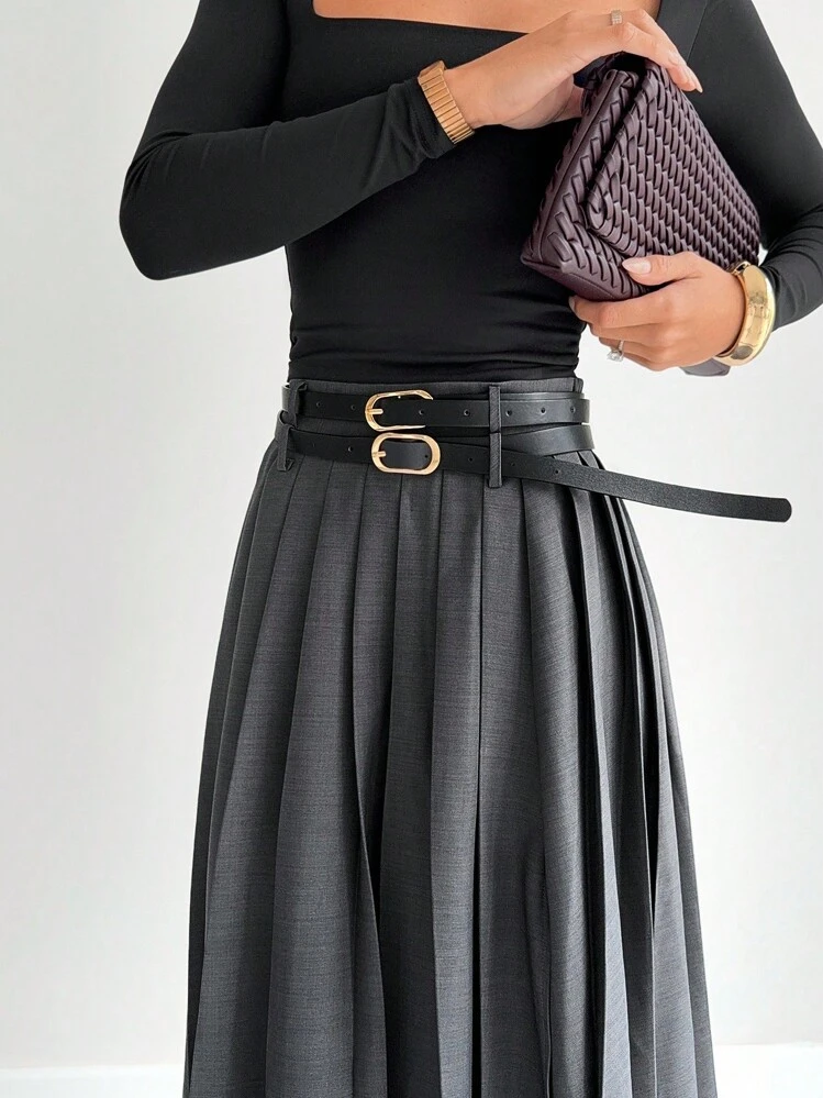 Falda plisada gris de invierno para mujer, nueva falda larga de cintura alta con doble cinturón y bolsillos laterales con abertura, estilo "Old Money", elegante y formal para trabajo, casual, salidas, maestra, diario, imprescindible en otoño e invierno - Gris Oscuro - Añade 5