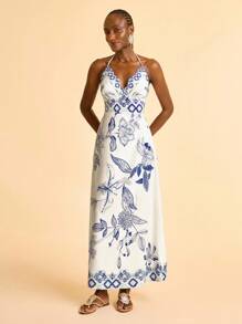 CAJUNI Women's Tropical Bohemian Style Blue Floral Print Wrap Halter Neck Backless Maxi Dress With Ruffle Bust Design
