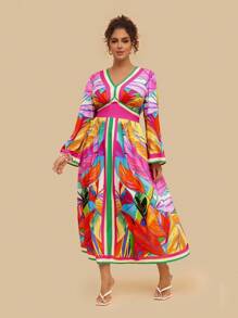 SHEIN VCAY Plus Size Women Tropical Colorful Geometric Abstract Print V-Neck Long Sleeve Maxi Dress, Casual Holiday Party Vacation Travel - Multicolor - View 7