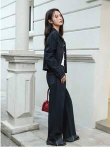 K-Vae Women's Autumn And Winter Dark Denim Jacket And Trousers Two Pieces Set, Old Money Style Denim Suit, Korean Style,Alloween Costumes,Chic Autumn - Dark Wash - View 4