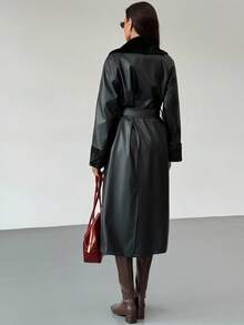 Aloruh Veste de mode régulière en PU à manches longues avec col  patchwork pour l'automne/l'hiver pour femmes - Noir - Voir 2