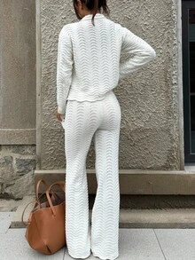 Sunnyshic Women's Casual Hollow Knit Cardigan And Sweater Pants 2 Pieces Set, Autumn/Winter - Beige - View 2