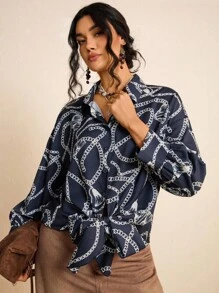 SHEIN LUNE LUNE Women's Plus Size Navy Blue Elegant Office Shirt,Chain Print Long Sleeve Knit Tie Cuff Blouse,Old Money Summer Boho Chic Business Fashion Tops - Multicolor - View 2