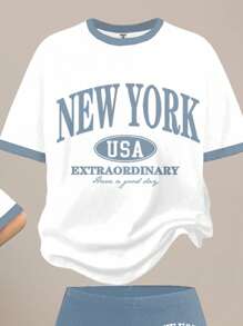 SHEIN Leap Crew 青少年女孩休闲简约短袖和长裤两件套，夏季 - 彩色 - 查看 3