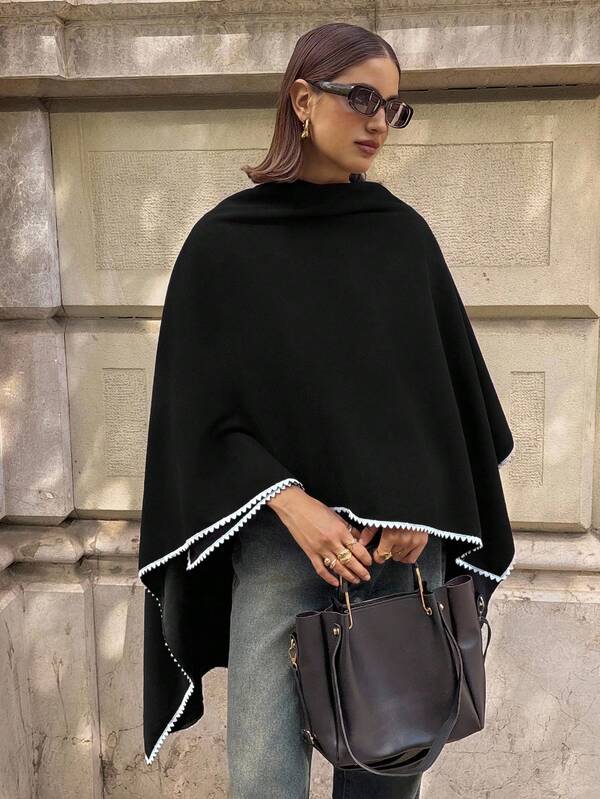Aloruh Women's Elegant  Solid Colour Contrast Trim Cape Regular Jacket, Solid Color Plush Triangle Shawl With Wool Like Material, Winter Scarf, Autumn Fashionable Cape, Versatile And Suitable For Daily Wear,Women Scarf Coat,Women Fall Outfits