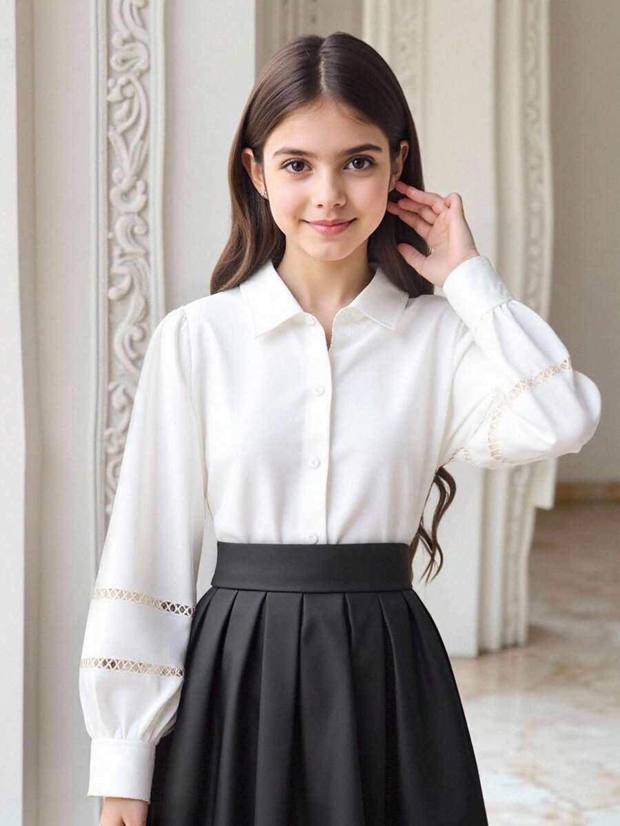 1 件女童领衬衫,前开襟,长袖,白色镂空袖装饰,时尚百搭休闲上衣,秋季 - 白色 - 查看 1