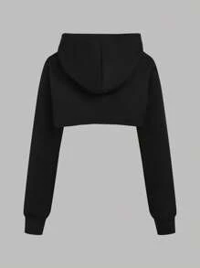 Girlism 少女黑色基本款运动休闲长袖短款连帽运动衫、白色基本款运动背心和黑色休闲运动裤套装 3 件套，开学季，户外运动服，运动服，秋季服装，演唱会服装