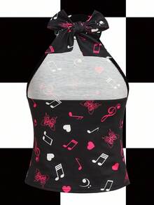 Y2Kool Babi Basques 黑色爱心、音符、蝴蝶、Y2K、少女风女式露背上衣，适合夏季、度假、派对、聚会、日常休闲穿着 - 黑色 - 查看 2