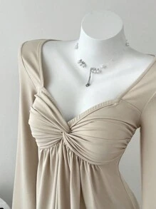 Elamini Women's Casual Twist Front V-Neck Long Sleeve T-Shirt, Versatile, New Style, Spring/Autumn Fall Cloth For Women