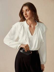 Florisole Ivory Jacquard Textured Floral Embroidery Short Sleeve Women Blouse - White - View 6