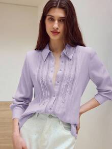 MOTF STUDIO SOLID LACE INSERT LONG SLEEVE SHIRT - Purple - View 4