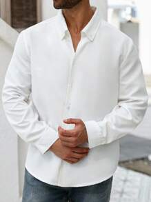 Manfinity Homme Camicia casual ampia e comoda da uomo, tinta unita, manica lunga, adatta all'autunno, taglie comode - Bianco - Visualizzare 3