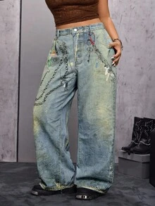SHEIN ICON Jeans anchos casuales de talle alto con bolsillos y cadena estampada para mujer de talla grande - Azul lavado medio - Ver 4