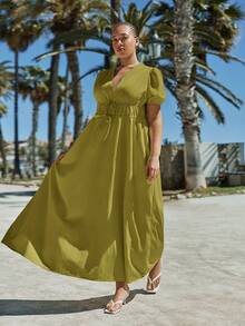 Maija 大码女式纯色休闲优雅深 V 领公主袖泡泡袖短袖腰褶长裙，夏季海滩，优雅，商务休闲 - 橄欖綠 - 查看 4