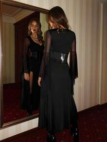 EgrlEra 女式万圣节束腰网眼性感开衩连衣裙 - 黑色 - 查看 2