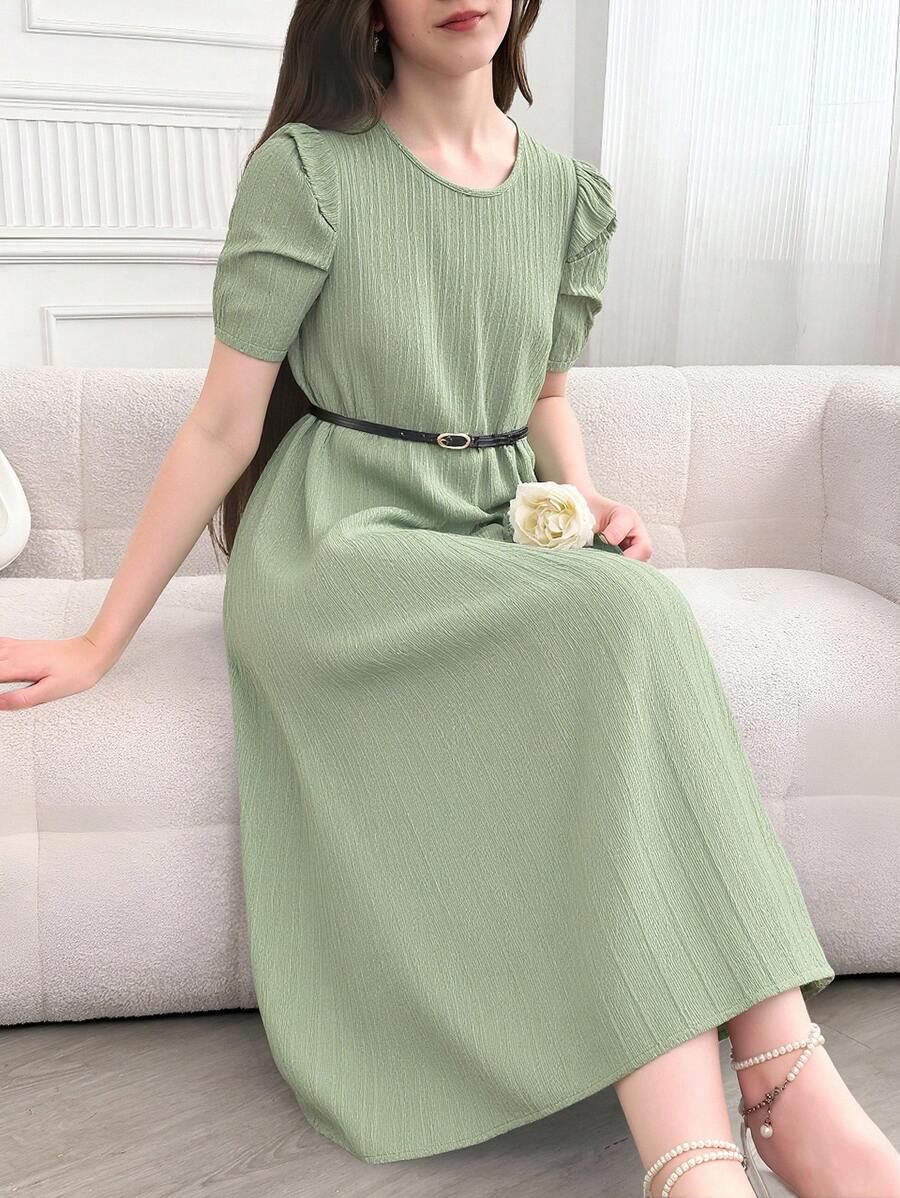 SHEIN Vestido sencillo de manga corta y unicolor para niñas preadolescentes para uso diario - Verde - Ver 1