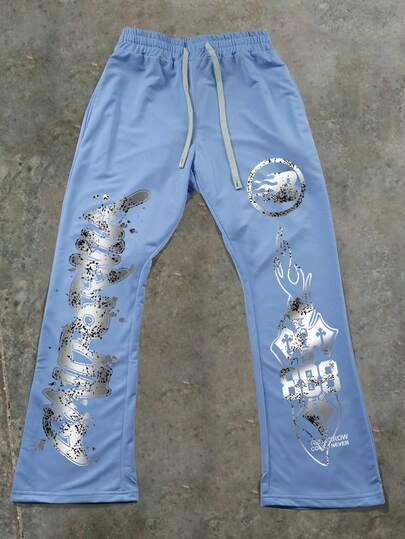 Manfinity Roghcode Manfinity Streetrush Men's Y2k Gothic Drawstring Waist Printed Sports Pants, Long Casual Baggy Sweatpants, For Husband, Boyfriend Gifts