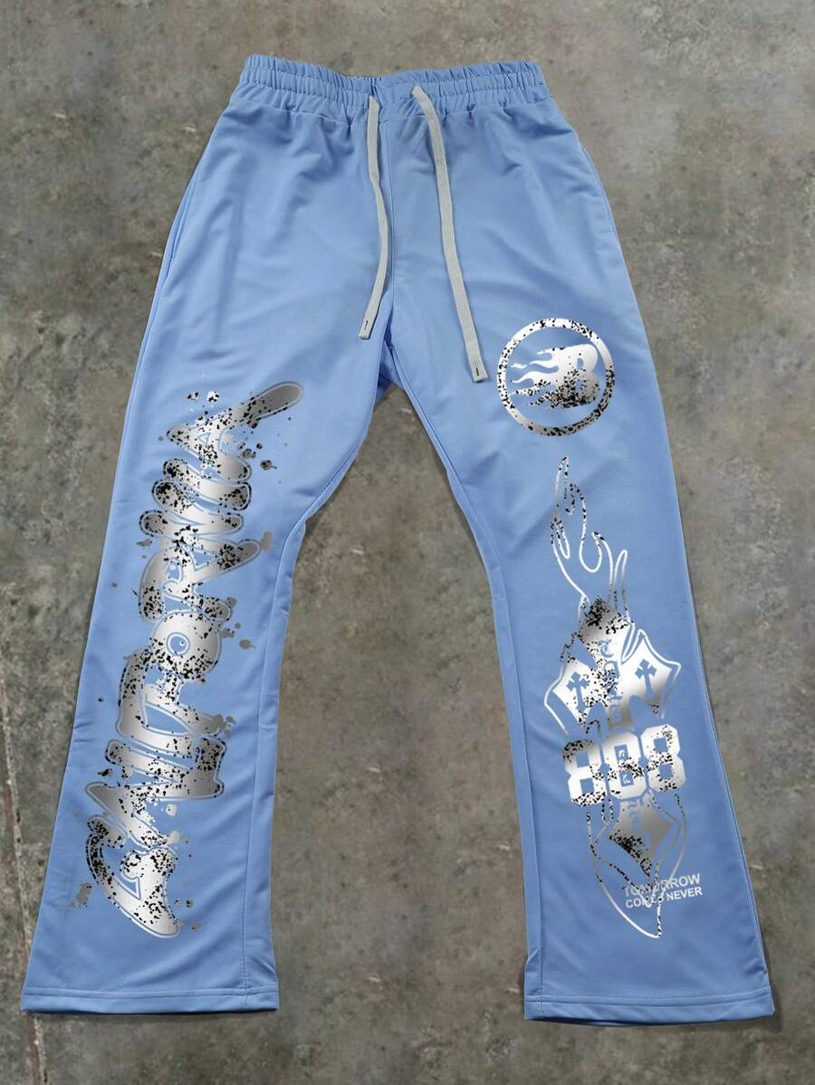 Manfinity Roghcode 男士 Y2k 哥特式抽绳腰印花运动裤,长款休闲宽松运动裤,适合送给老公、男朋友的礼物 - 淺藍色 - 查看 1