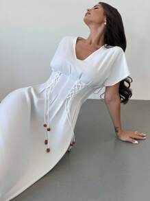 Firerie Vestido largo elegante con cintura anudada para mujer - Blanco - Ver 8