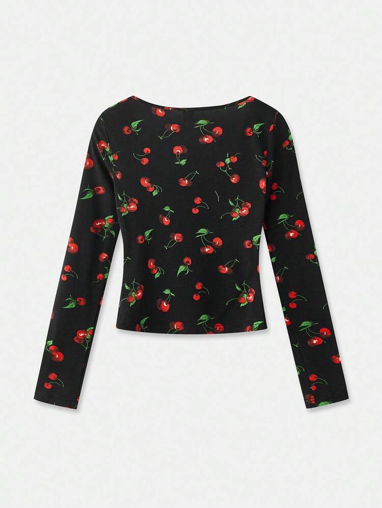 Black Cherry Print Stretch Top With Gathered Bust Fall Going Out Top Office Spring Summer Top