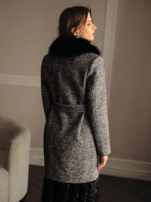 MOTF PREMIUM TWEED KONTRAST KUNSTPELZ GEGÜRTETER MANTEL - Schwarz - Übersicht 7