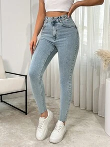 SHEIN Cottnline High Waist Button Detailed Skinny Jean - Medium Wash - View 8