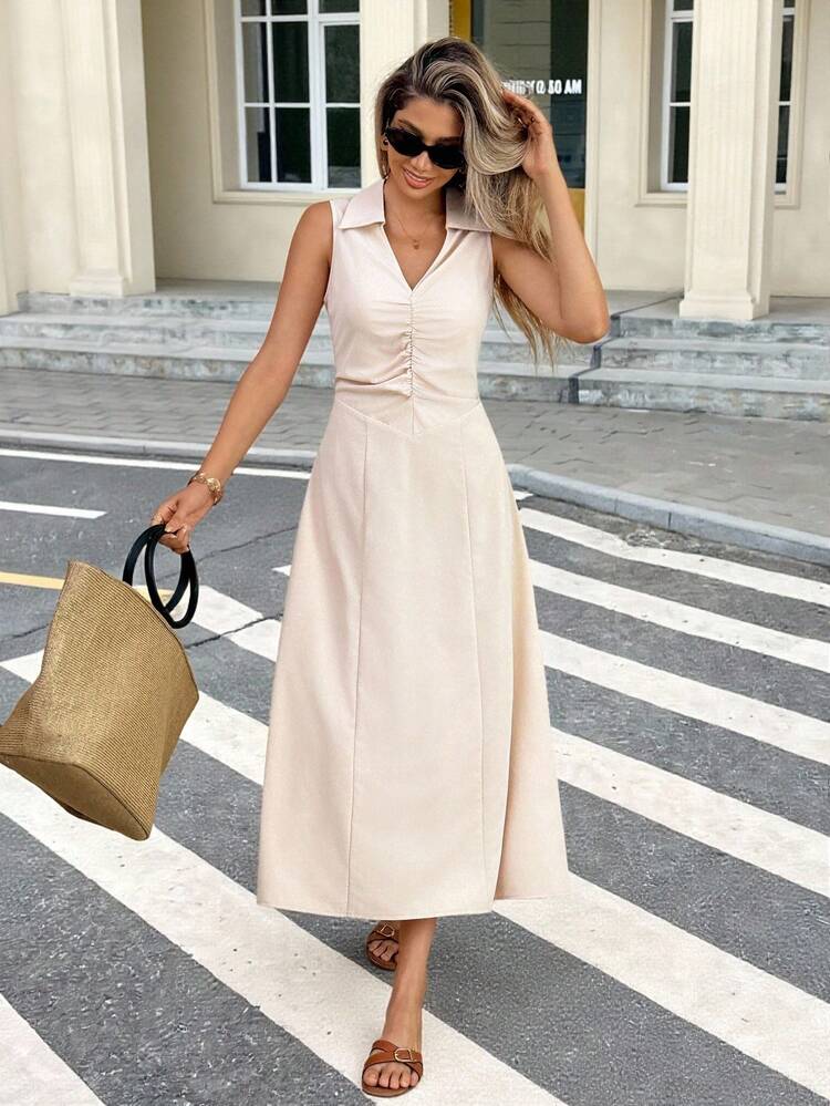 SHEIN Frenchy Women's Elegant Summer Peach Pink Midi Dress,Sleeveless  Collared Solid Color Casual Dress,Brunch Homecoming Outfits,Business Casual  Teacher Wear | SHEIN USA
