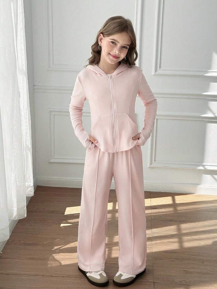 SHEIN Tween Girls 2pcs Solid Pink Drawstring Hoodie Top And Wide Leg Pants Set, Casual For Spring/Autumn, Daily Wear, Tween Girls Light Pink Outfit, Spring Autumn Tween Girls Pants Set, Winter Girls Clothes, Mommy And Me Matching Outfit, Chic Autumn, Chic Autumn Mother Daughter Outfits Fall Girls Long Sleeve Tracksuit Pink Loungewear Set - Pink - View 9