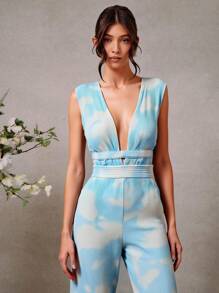 L'Amorae 优雅褶皱印花深V阔腿连体裤，女士婚礼服装，女士夏季服装 - 淺藍色 - 查看 5