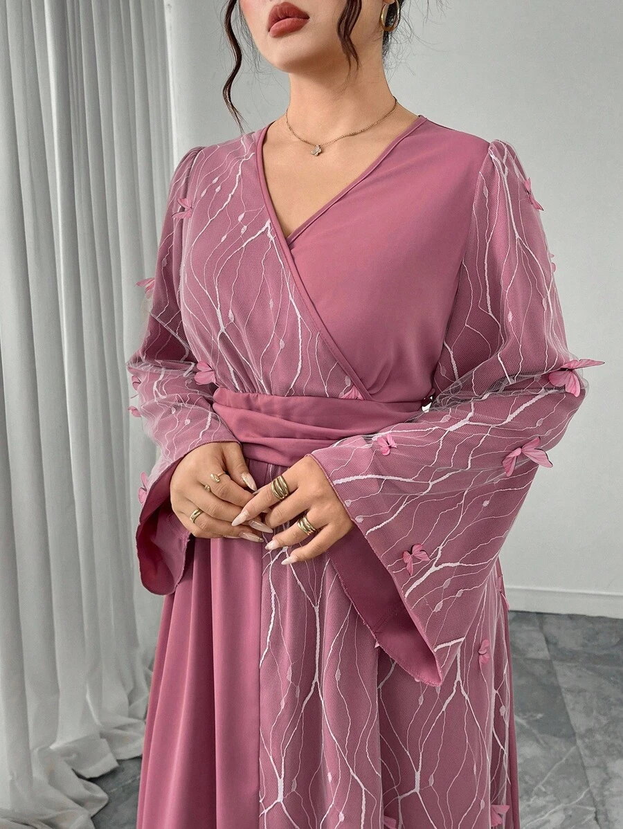 Modelyn Elegant Floral Patchwork Crossover Neck Flare Sleeve Plus Size Dress, Romantic & Fashionable Fall Cloth For Women - Pink - View 1