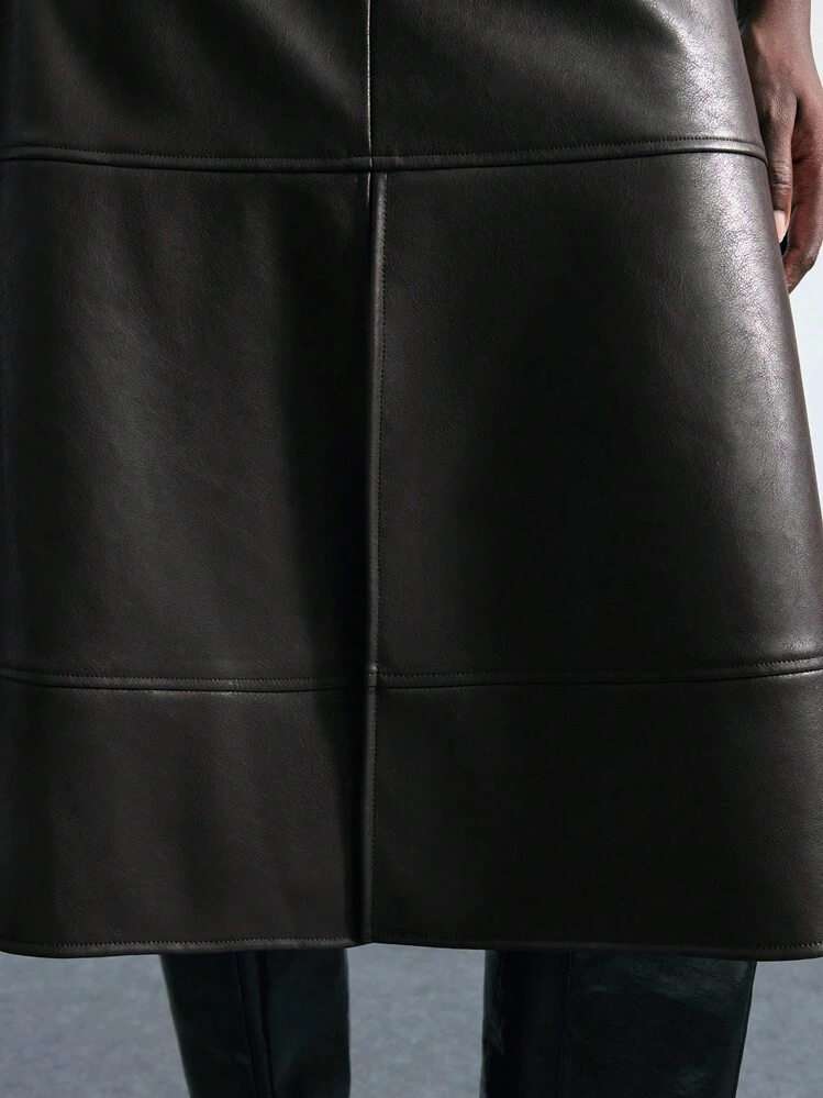 SHEIN Maija 2026 Modern City Early Autumn Classic PU Metal Buckle Design Midi Skirt, Suitable For Early Autumn Party Season And Back To School Season Fall Clothes For Women , Fall Outfits Women , Halloween, Elegant, Goth,  Brown Skirt Brown Leather Skirt Faux Leather Skirt Midi,Business Casual Outfits Women, A Line Skirt,, Old Money Style - Coffee Brown - View 6