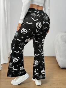 SHEIN PETITE CURVE Plus Size Women's High-Waisted Cross Design Flared Leggings, Suitable For Halloween Halloween Pants