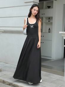 K-Vae Women's Summer Casual Black Bow Embroidered Dress, Elegant And Cute Sleeveless Long Dress, Daily Holiday Dress - Black - View 1