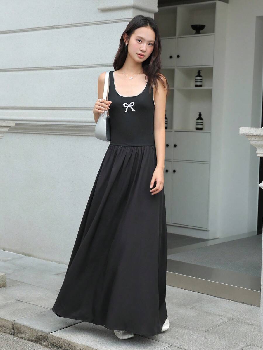 K-Vae Women's Summer Casual Black Bow Embroidered Dress, Elegant And Cute Sleeveless Long Dress, Daily Holiday Dress - Black - View 1