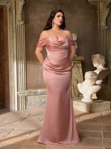 Aureia 加大码夏季优雅浪漫莲花粉色细肩带荷叶边领口修身鱼尾下摆连衣裙，适合晚会、约会、舞会、毕业典礼、音乐节、婚礼、伴娘 - 藕粉色 - 查看 2