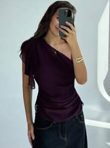 Aloruh Áo kiểu nữ thanh lịch màu trơn xếp ly lệch vai, áo mùa hè dáng suông kiểu giáo viên, áo voan xếp ly bất đối xứng màu tím lãng mạn cho buổi hẹn hò. - Màu tím - Xem 6