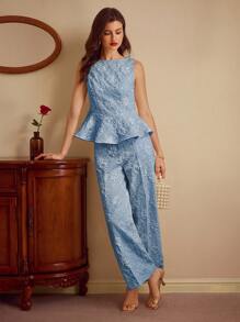 Vintamour Ensemble vintage élégant pour femme 2 pièces, top court jacquard et pantalon large, printemps/été