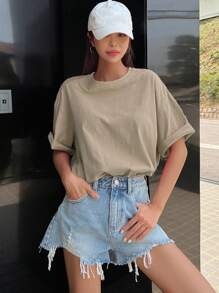 DAZY Women's Drop Shoulder Loose Short Sleeve T-Shirt With Heart Cutout Back Design Cute Tops,Graphic Tees - Apricot - View 4