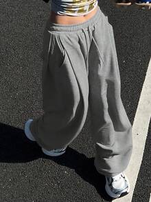 DAZY 女士纯色宽松褶皱运动裤，休闲运动裤，保暖内衬，厚款，适合秋冬季女士慢跑裤 - 淺灰色 - 查看 3