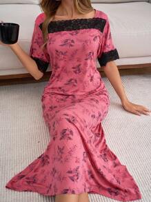 SHEIN Cottnline Women Cotton Floral Pattern With Contrast Colour Lace Detail Nightdress - Pink - View 4