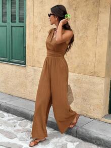 Serisse 女式纯色无袖V领纹理面料连体裤 - 咖啡棕 - 查看 1